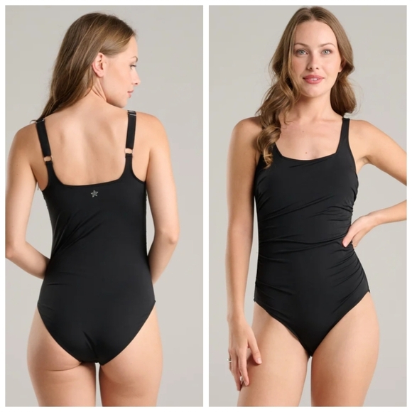 Quintsoul Square Neck Side Shirred Full Coverage One-piece Swimsuit Black NWOT - Picture 1 of 11